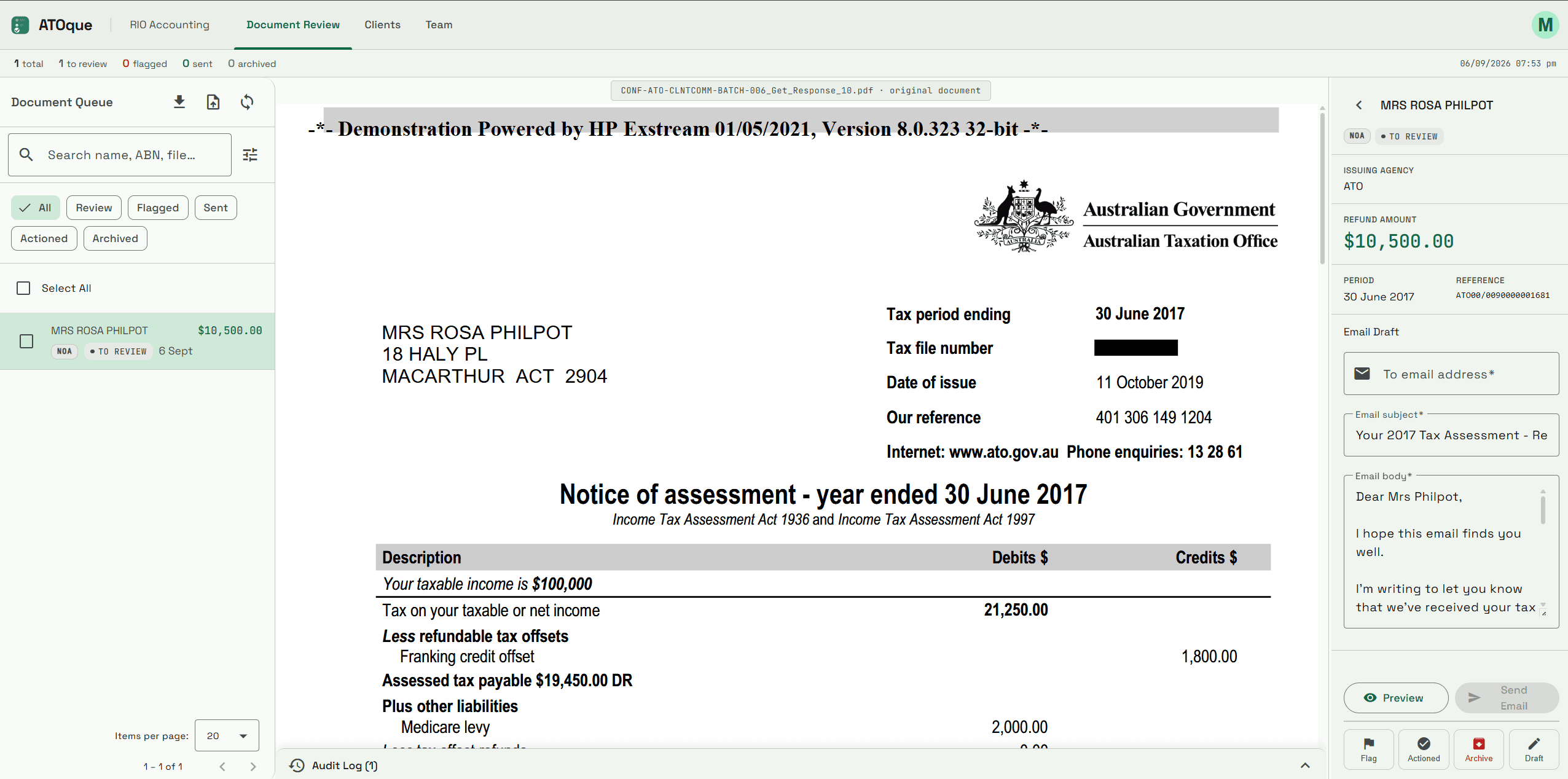 ATOque Document Review Dashboard showing automated ATO Notice of Assessment and client email draft