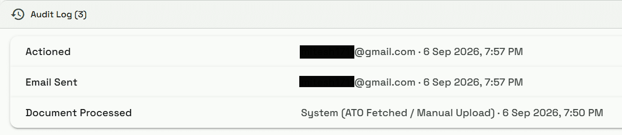 ATOque Audit Log tracking actions, email sends, and document processing