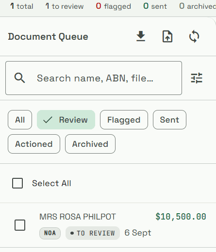 ATOque Document Queue showing incoming ATO correspondence
