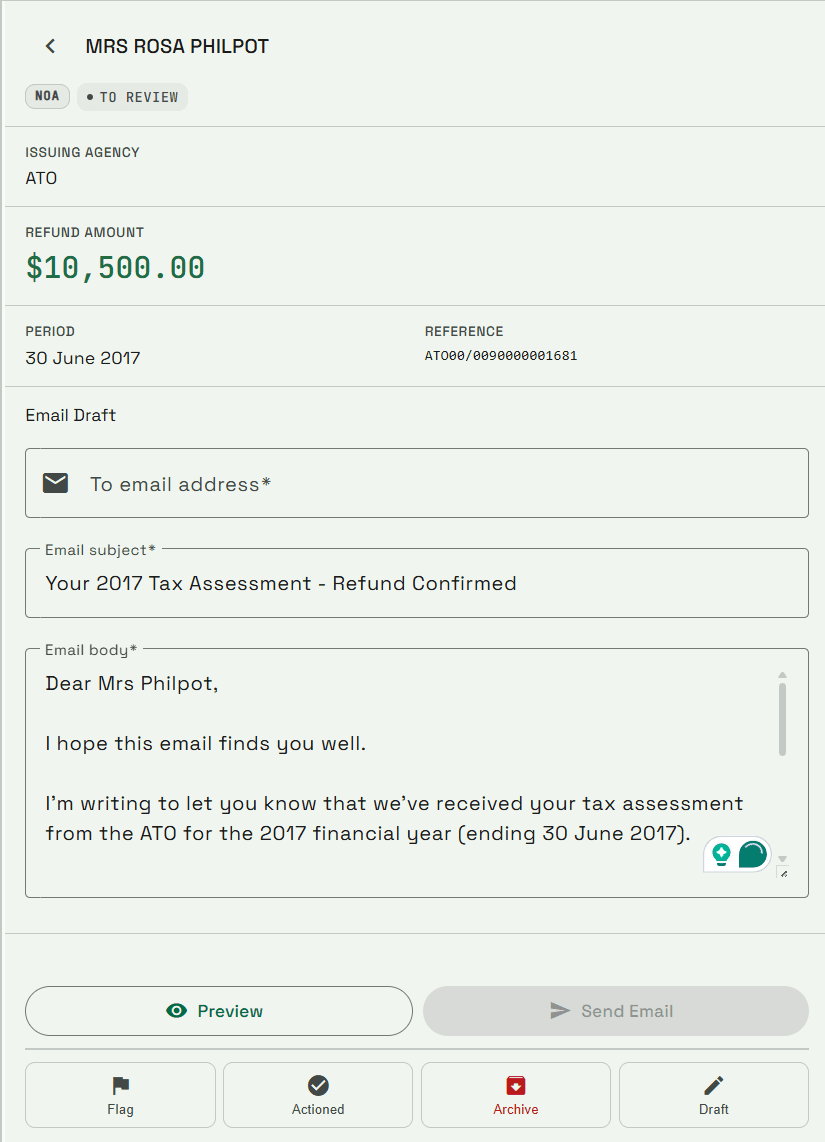 AI Document Analysis panel with extracted Notice of Assessment details and drafted email