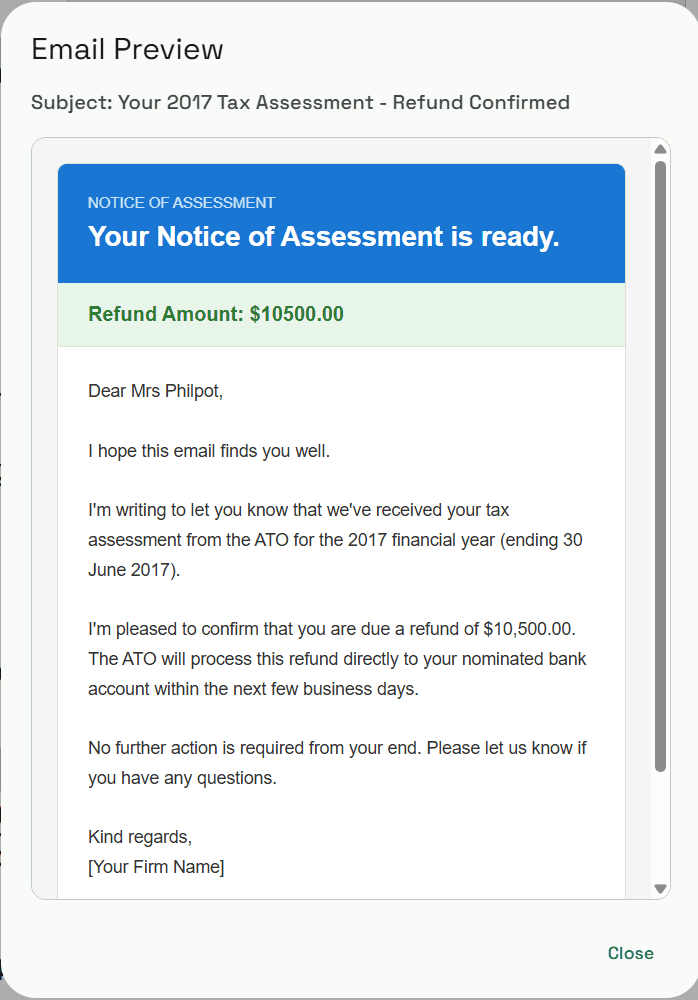 Client Email Preview modal showing formatted assessment notification